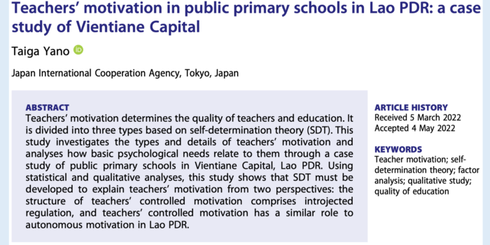 Mr.Taiga Yano publishes an analysis of teachers’ motivation in Lao PDR in the International Journal of Primary, Elementary, and Early Years Education
